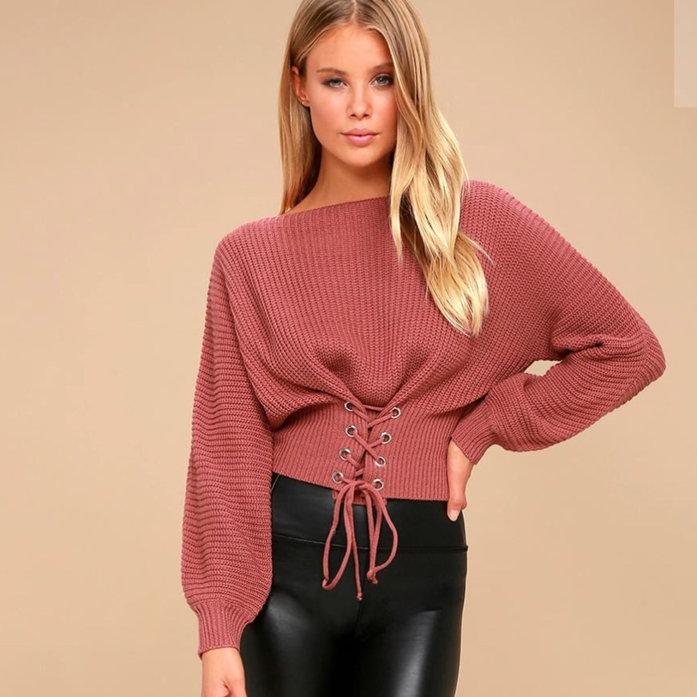 🆕 Rusty Rose Cropped Lace Up Sweater